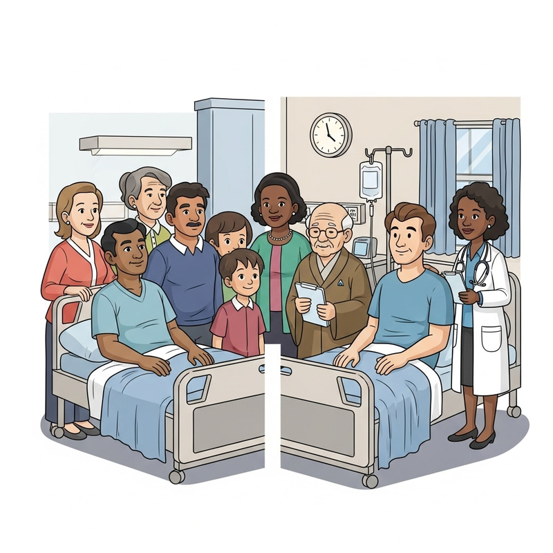 Cartoon Hospital Scene: Patients Surrounded by Visitors Cartoon Hospital Scene: Patients Surrounded by Visitors