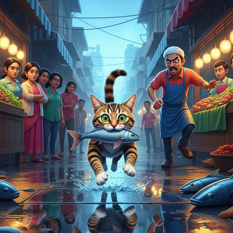 Lively Market Chase: Fearful Tabby Cat's Fish Frenzy