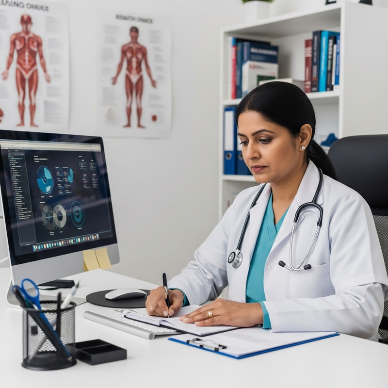 Serious Indian Female Doctor Working at Desk with Computer Monitor Serious Indian Female Doctor Working at Desk with Computer Monitor