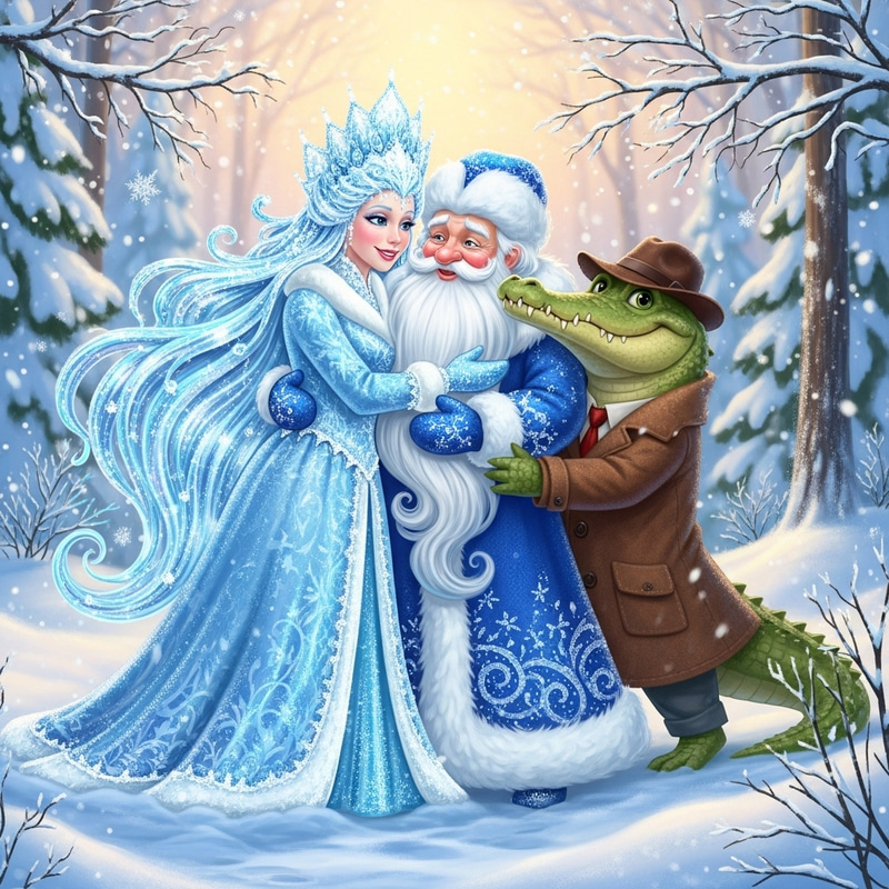 Snow Queen Embracing Father Frost and Crocodile in Fairy Tale Scene Snow Queen Embracing Father Frost and Crocodile in Fairy Tale Scene
