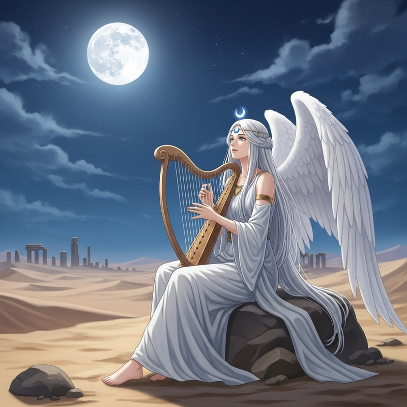 Ethereal Anime Princess Serenity Playing Harp in Moonlit Desert