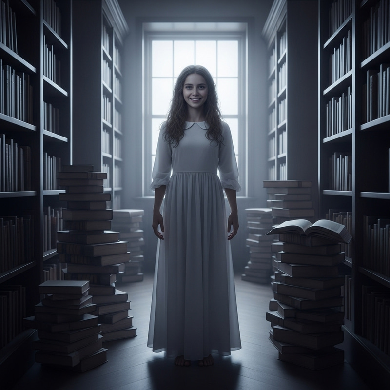 Ethereal Ghost Girl in Library | Haunting Spectral Presence