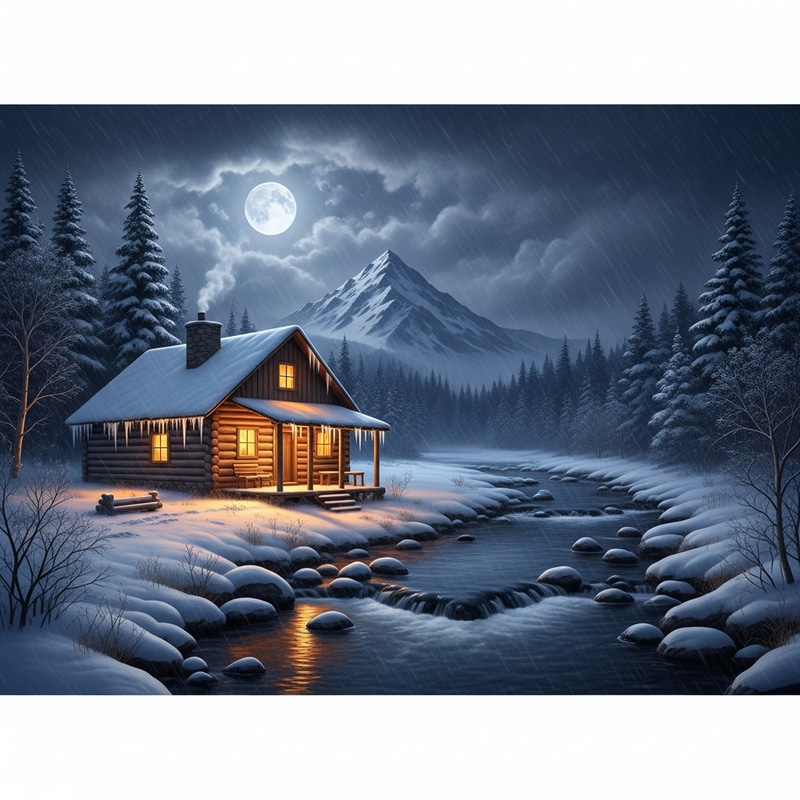 Winter Storm Log Cabin at Creek | Moonlit Mountain Peak Winter Storm Log Cabin at Creek | Moonlit Mountain Peak