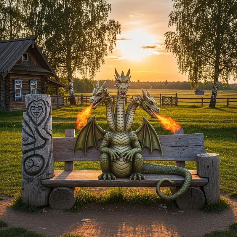 Zmey Gorynych Sitting on Bench in Russian Landscape Zmey Gorynych Sitting on Bench in Russian Landscape