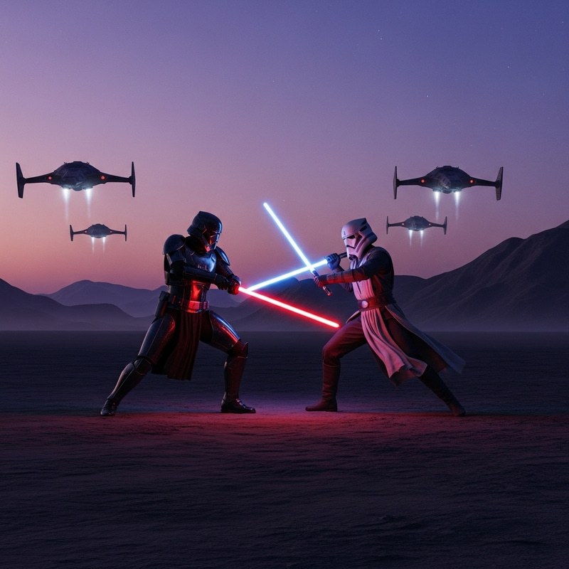 Futuristic Lightsaber Duel on Stark Barren Planet Futuristic Lightsaber Duel on Stark Barren Planet