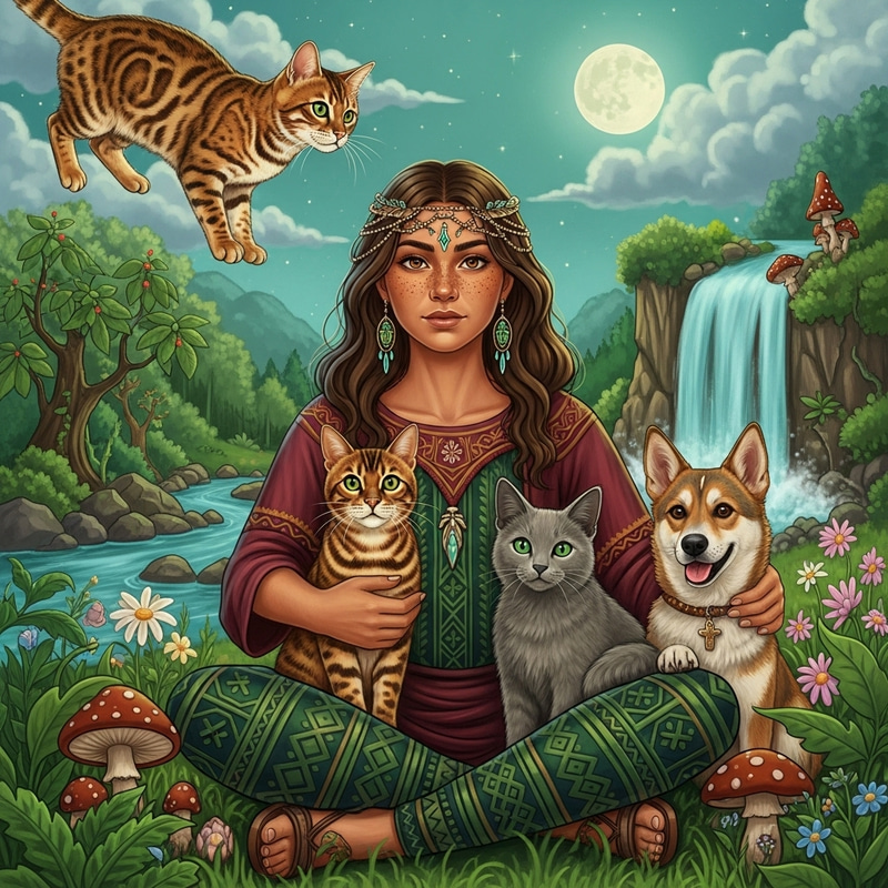 Golden Bengal Cat & Shaman Woman in Nature with Ethereal Moonlight Golden Bengal Cat & Shaman Woman in Nature with Ethereal Moonlight