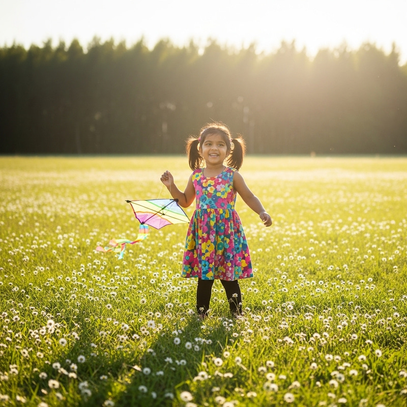 Happy Girl Flying a Colorful Kite in the Sun Happy Girl Flying a Colorful Kite in the Sun