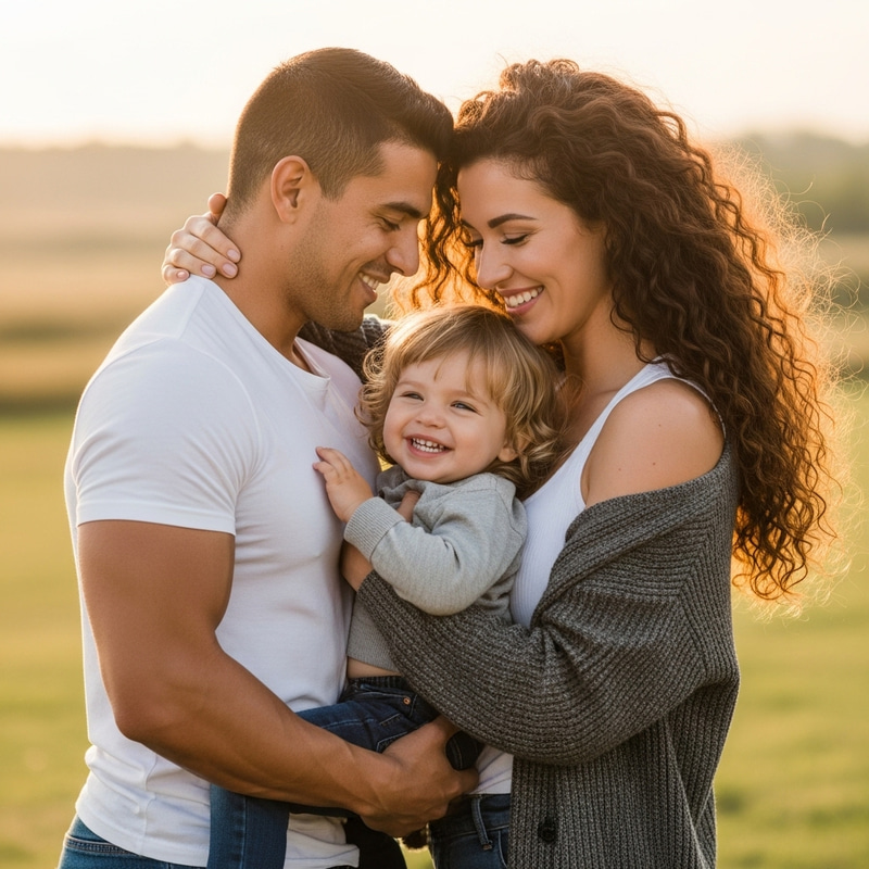 Warm Family Embrace: Muscular Man, Curvy Woman, and Child Warm Family Embrace: Muscular Man, Curvy Woman, and Child