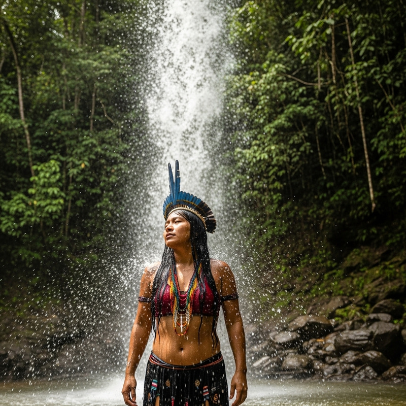 Indigenous Brazilian Woman Bathing in Waterfall | Serene Nature Experience