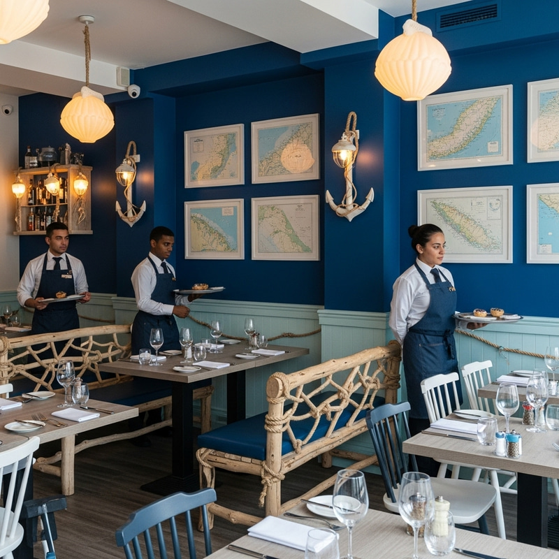 Sea-themed Restaurant: Ocean Blues and Nautical Decor Sea-themed Restaurant: Ocean Blues and Nautical Decor