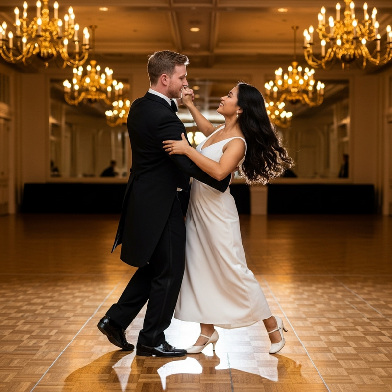 Elegant Waltzing Couple in White Dress: Dance Romance