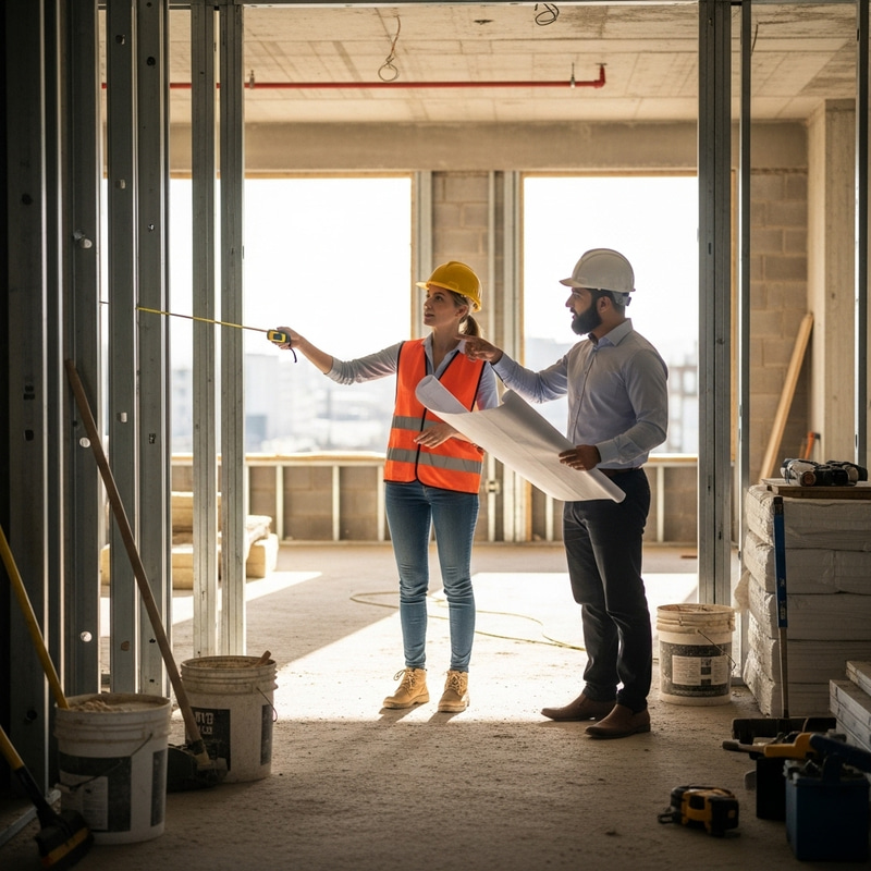 Interior Designer Meeting Client on Site for Room Measurements Interior Designer Meeting Client on Site for Room Measurements