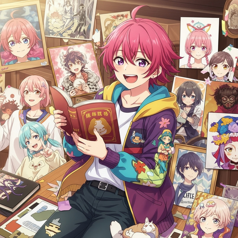 Cheerful Anime Character with Pink Hair | Art & Literature Enthusiast