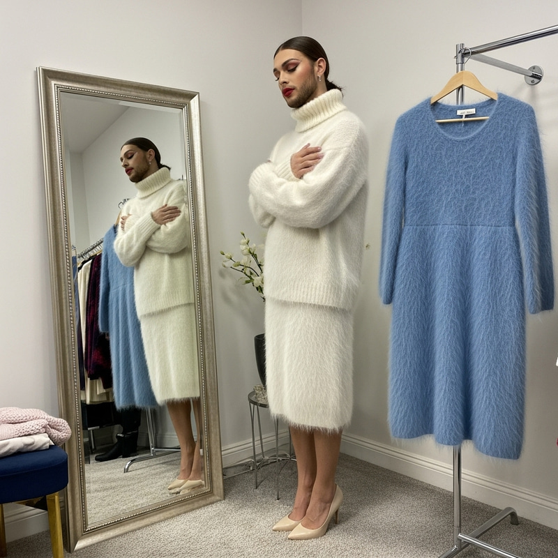 Feminized Thin Man in Angora Sweater Chooses Fluffy Dress Feminized Thin Man in Angora Sweater Chooses Fluffy Dress