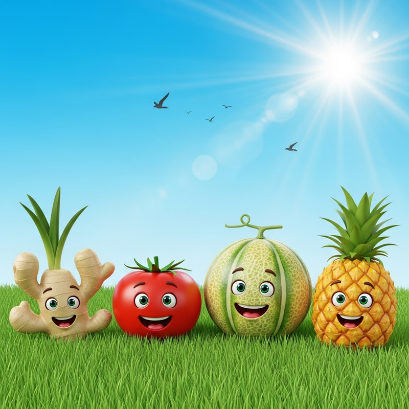 Cartoon Fruits and Vegetables on Green Grass