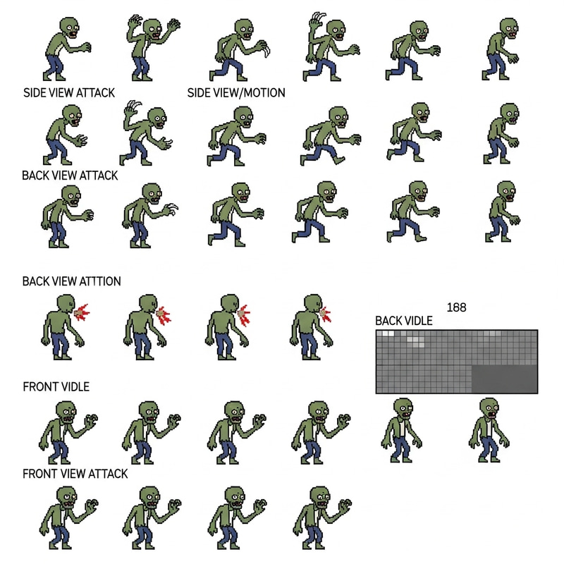 Pixel Art Zombie Sprite Sheet | Side-View, Attack, Move, Idle | 160x288px Pixel Art Zombie Sprite Sheet | Side-View, Attack, Move, Idle | 160x288px