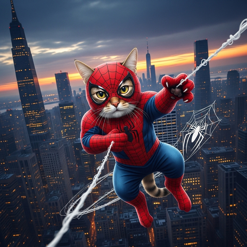 Heroic Cat in Spider-Man Costume Saves the City Heroic Cat in Spider-Man Costume Saves the City