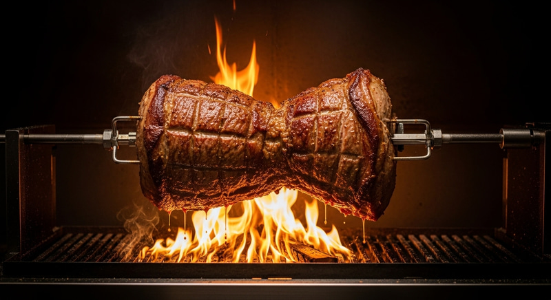 Rotating Meat on Spit - Sizzling Juices & Vibrant Colors