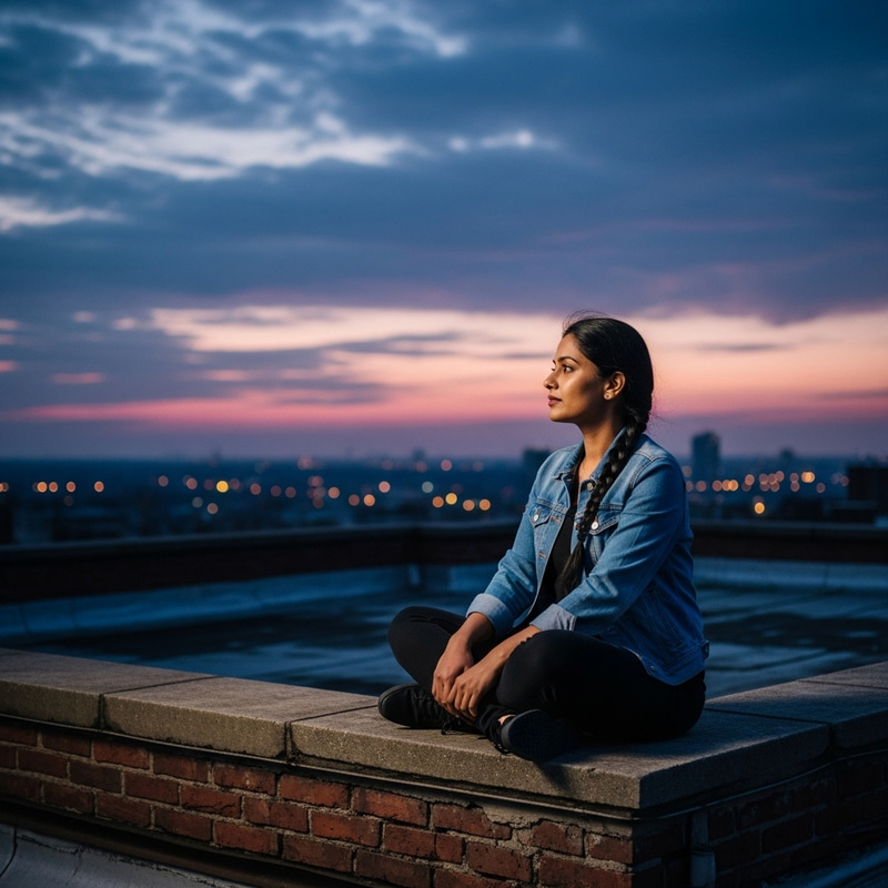 Tranquil Rooftop Scene: Person Gazing at Sky Tranquil Rooftop Scene: Person Gazing at Sky