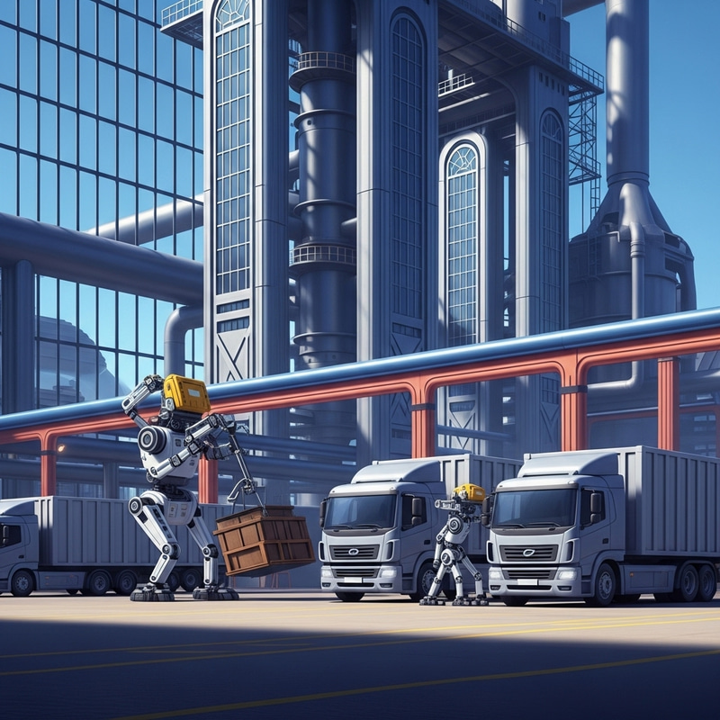 Spectacular Colorful Future Steel Mill with Robot Workers and Trucks Spectacular Colorful Future Steel Mill with Robot Workers and Trucks