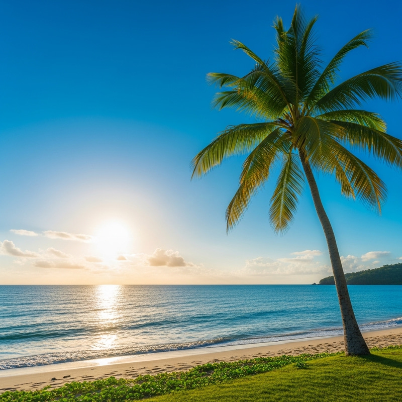 Serene Beach Scene with Palm Tree and Blue Sky Serene Beach Scene with Palm Tree and Blue Sky