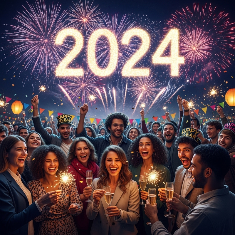 Happy New Year 2024: Colorful Fireworks and Joyful Crowd Celebration
