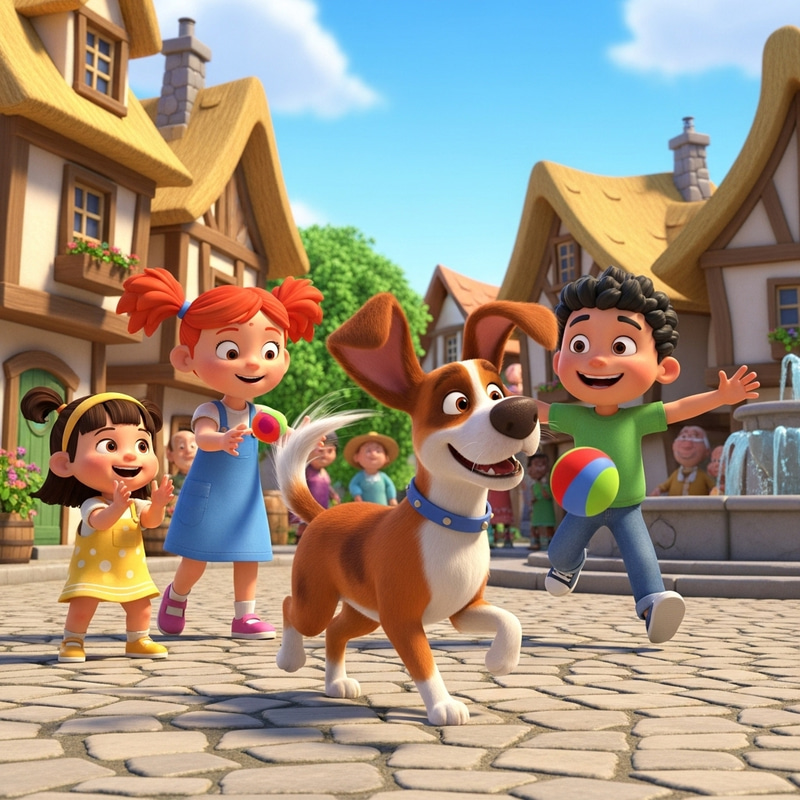 Friendly Brown and White Dog Playing with Children in 3D Animation Friendly Brown and White Dog Playing with Children in 3D Animation