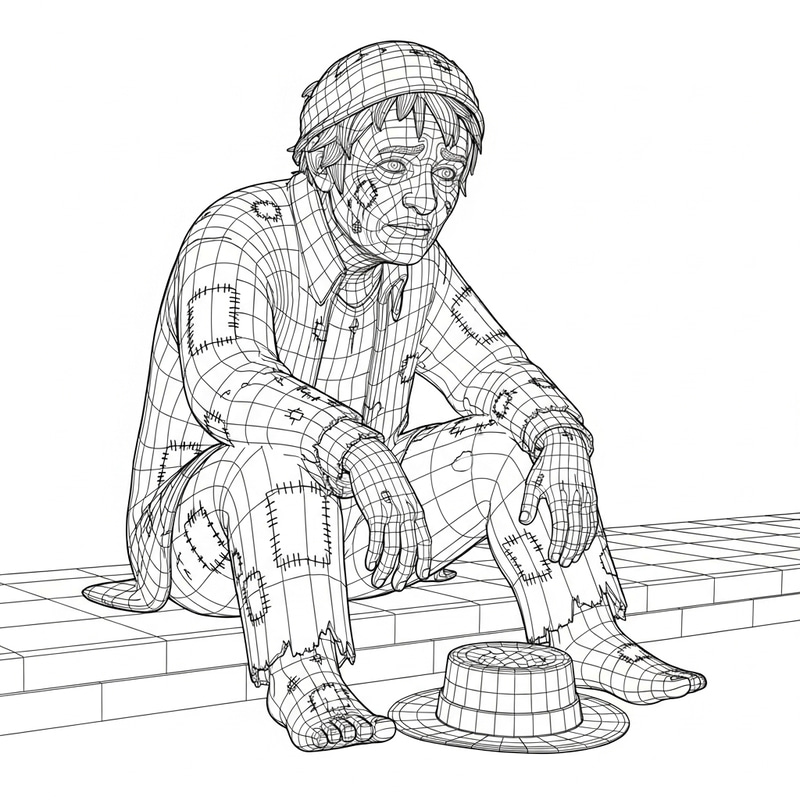 3D Line Art of Beggar - Poverty and Strength 3D Line Art of Beggar - Poverty and Strength