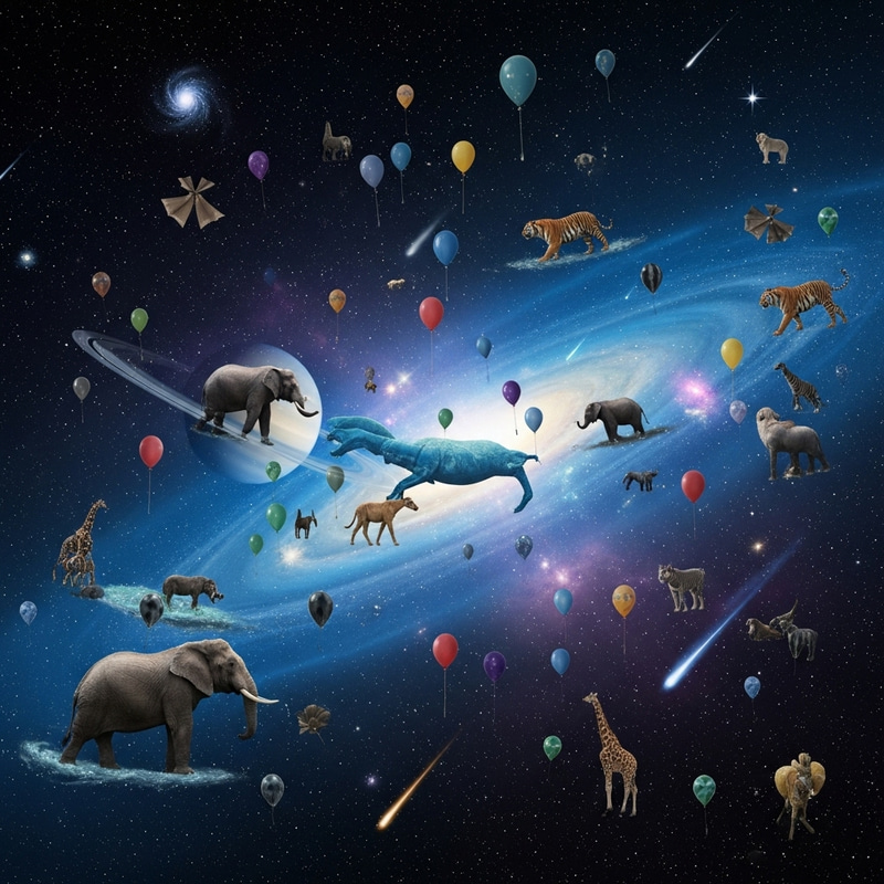 Cosmic Zoo: Stunning Space with Zoo Animals and Balloons Cosmic Zoo: Stunning Space with Zoo Animals and Balloons