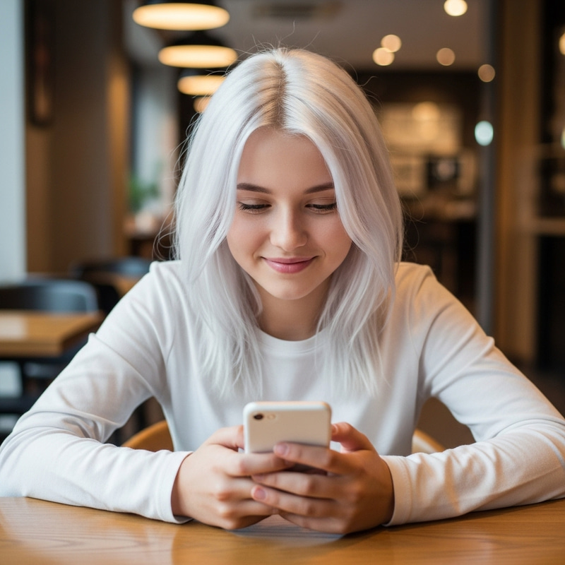 Teenage Girl with White Hair | Sitting Alone at Table Smiling Teenage Girl with White Hair | Sitting Alone at Table Smiling