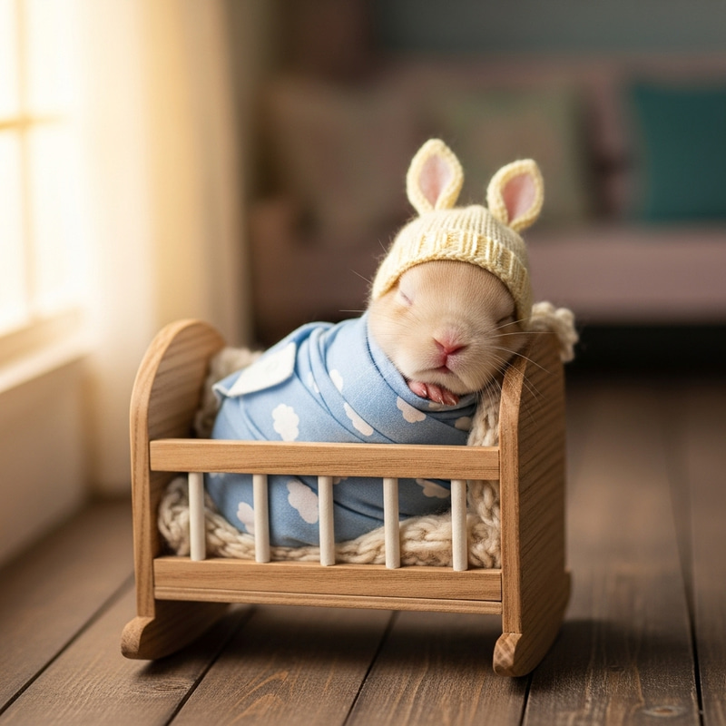 Adorable Newborn Baby Rabbit in Diapers on Crib with Cute Baby Bonnet