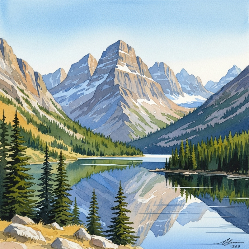 Serene Watercolor Mountain Landscape Art Serene Watercolor Mountain Landscape Art