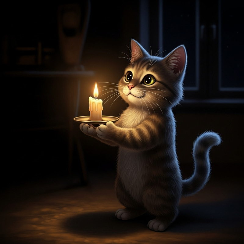 Cute Cat Holding a Candle in Dark Background Cute Cat Holding a Candle in Dark Background