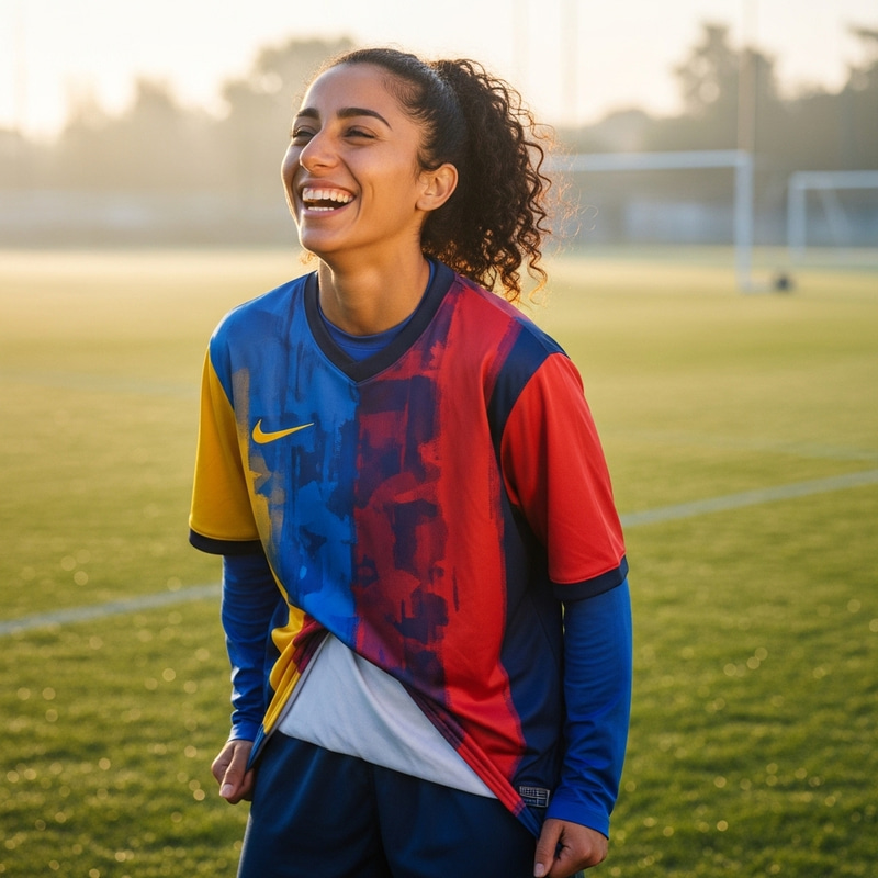 Smiling Female Soccer Player in Oversized Shirt Soaks Up the Sun Smiling Female Soccer Player in Oversized Shirt Soaks Up the Sun