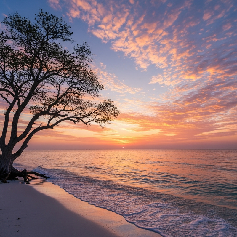 Tranquil Ocean Sunset with Silhouette Tree | Aakif Serenity View