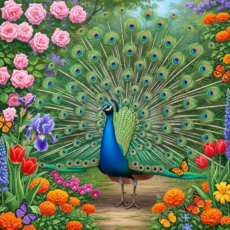 Cute Peacock Amidst Colorful Flowers Cute Peacock Amidst Colorful Flowers