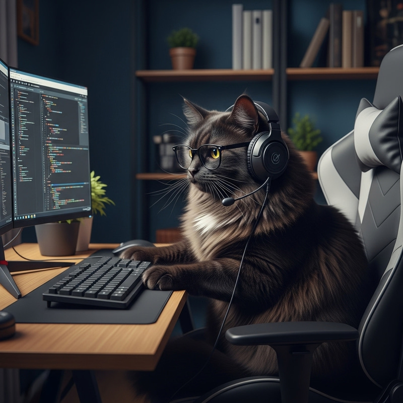 Focused Black Furry Cat in Glasses & Headphones Creating Program Focused Black Furry Cat in Glasses & Headphones Creating Program