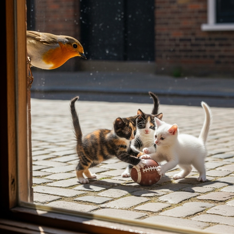 Tiny Bird Watching Kittens Play Soccer | Adorable Animal Scene Tiny Bird Watching Kittens Play Soccer | Adorable Animal Scene
