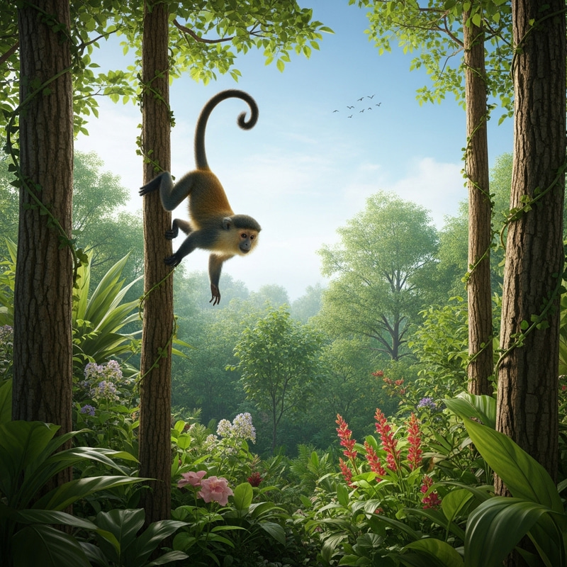 Curious Monkey Swinging Through Vibrant Jungle Curious Monkey Swinging Through Vibrant Jungle