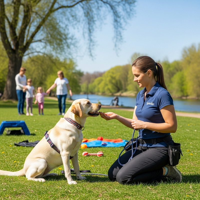 Positive Dog Training: Happy Canine Learns in Sunlit Park Positive Dog Training: Happy Canine Learns in Sunlit Park