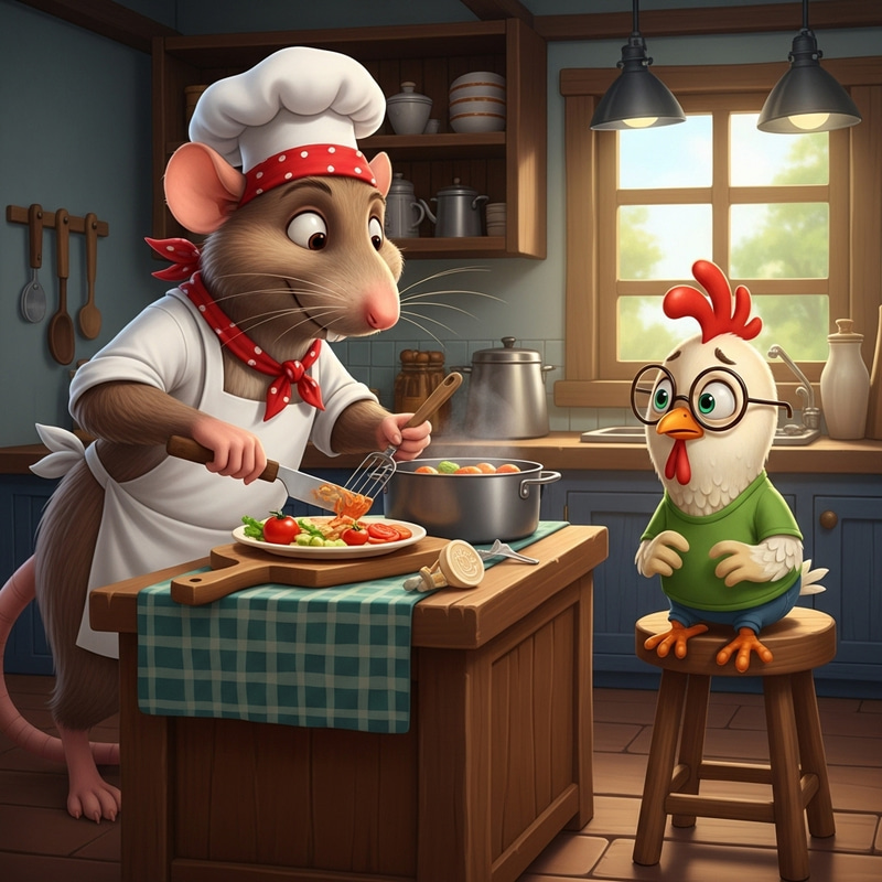 Animated Culinary Rat and Nervous Chicken Illustration Animated Culinary Rat and Nervous Chicken Illustration