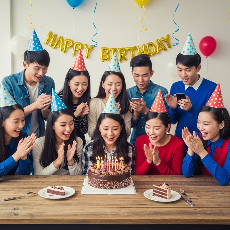 Group of Chinese Teens Celebrating Birthday with Chocolate Cake Group of Chinese Teens Celebrating Birthday with Chocolate Cake