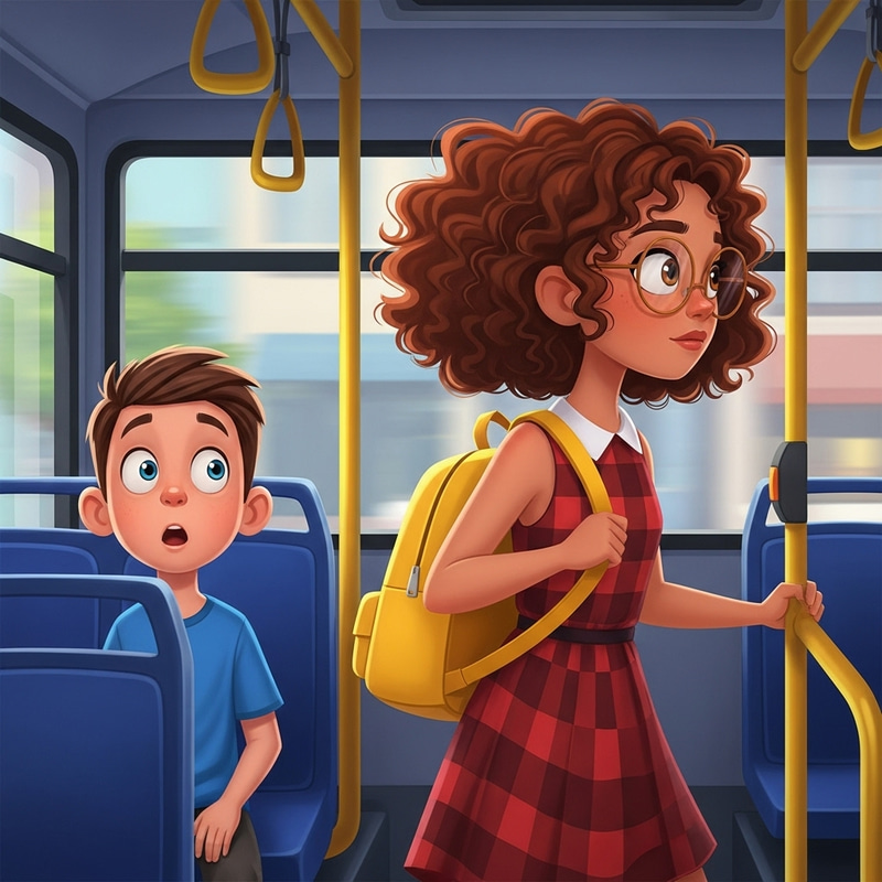 Cartoon Boy Astonished by Curly-Haired Girl Entering Bus