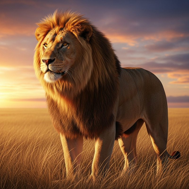 Majestic Lion in Savanna Sunset