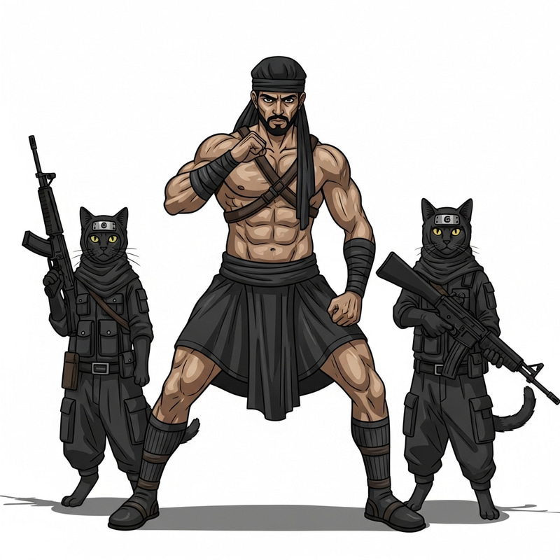 Defensive Middle-Eastern Man with Ninja Cats and Firearms