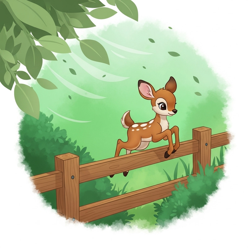 Feeble Young Fawn Leaping Over Wooden Fence in Mystic Greenery
