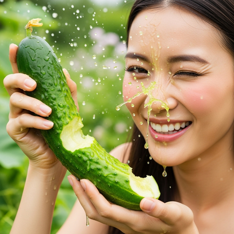 Realistic Photo: Asian Woman with Juicy Courgette, Playful Expression Realistic Photo: Asian Woman with Juicy Courgette, Playful Expression