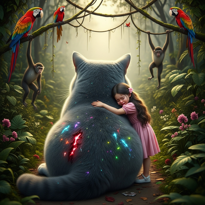 Captivating Scene: Realistic Portrait of Girl and British Cat in Jungle