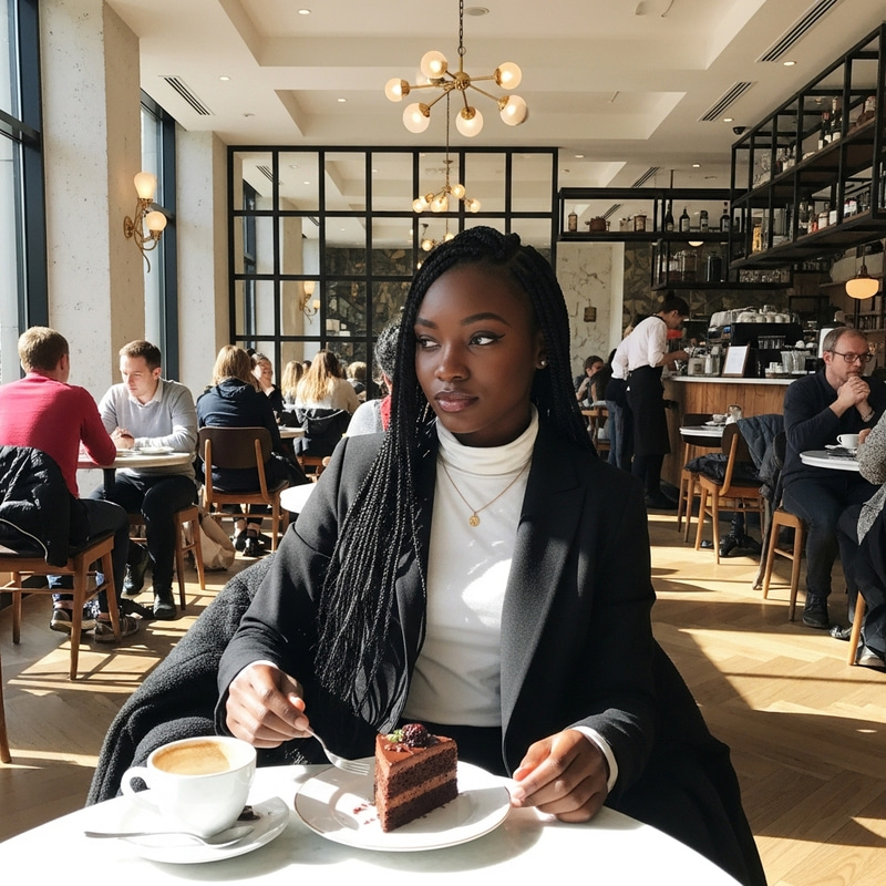 Stylish Black Girl with Long Braids Enjoying Cake in Fashionable Cafe