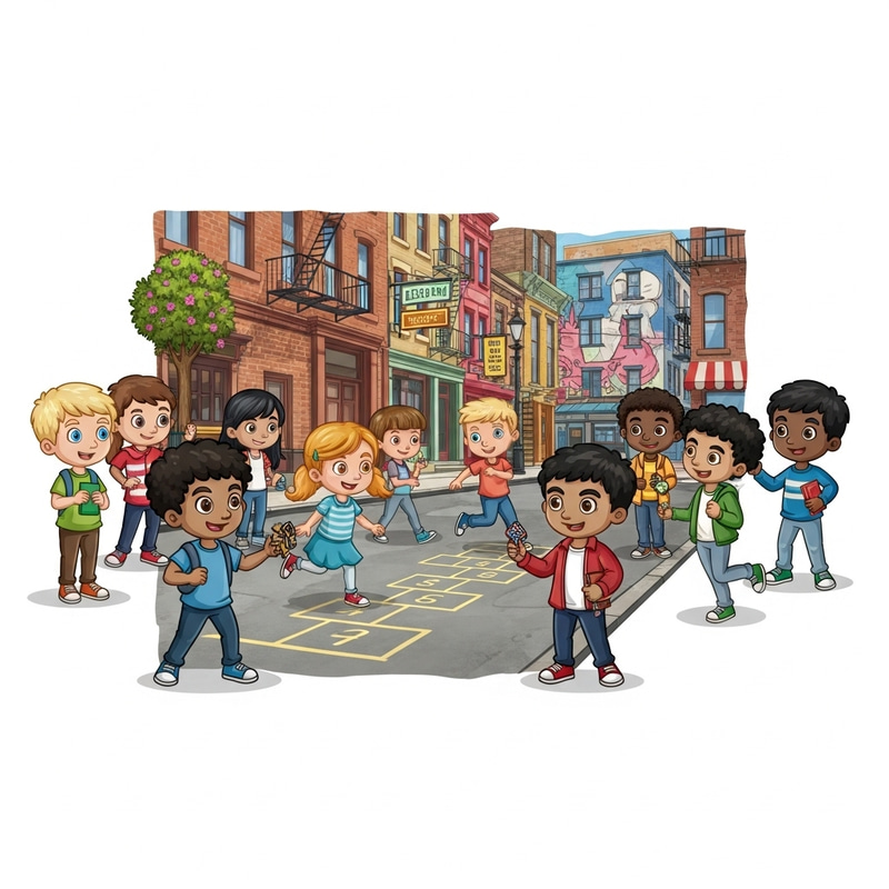 Children Playing and Chatting in Busy City Neighborhood Children Playing and Chatting in Busy City Neighborhood